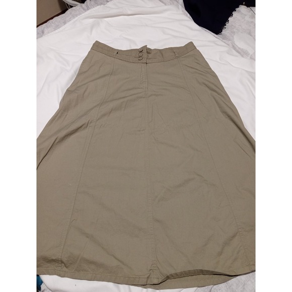 Basic Editions Khaki Cotton Midi Skirt Size 12 Tan A-Line Elastic Back Waist - Picture 2 of 13